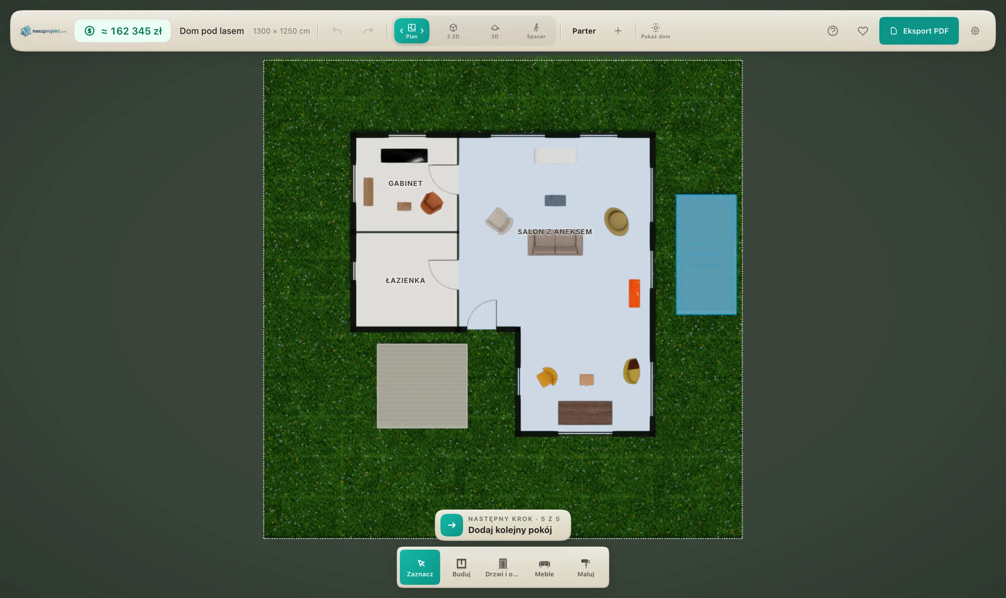 2D-Grundriss eines Hauses im naszprojekt.com-Editor — Räume mit Maßen und Flächen