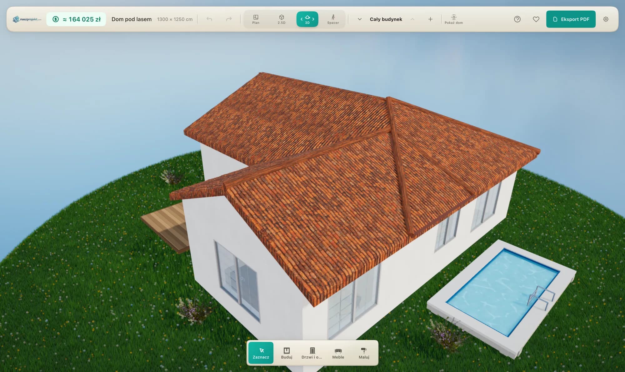 naszprojekt.com-Editor — eingeschossiges Haus in L-Form mit Satteldach, Terrasse und Pool in der 3D-Ansicht