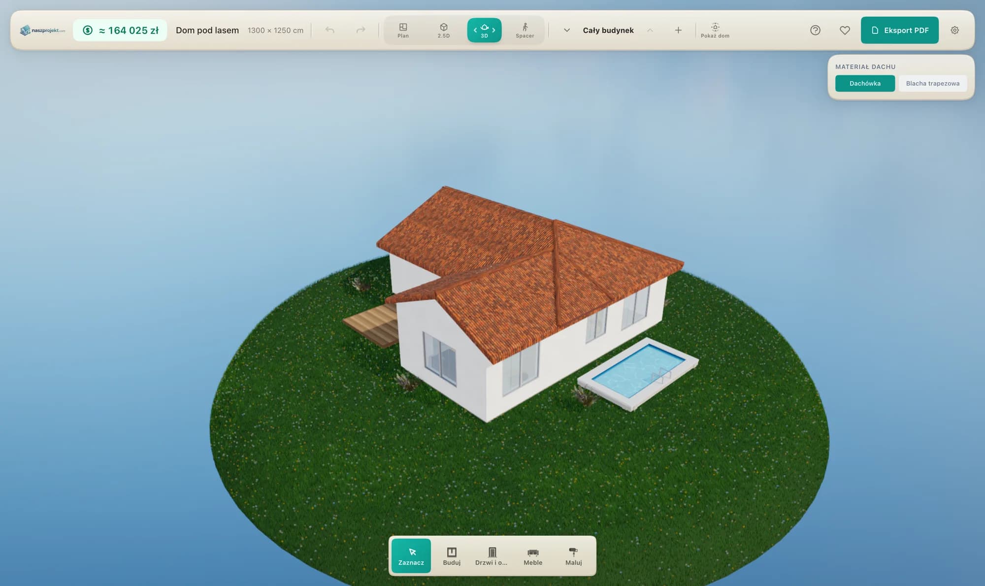 Bearbeitung eines Satteldachs über einem L-förmigen Haus im naszprojekt.com-Editor