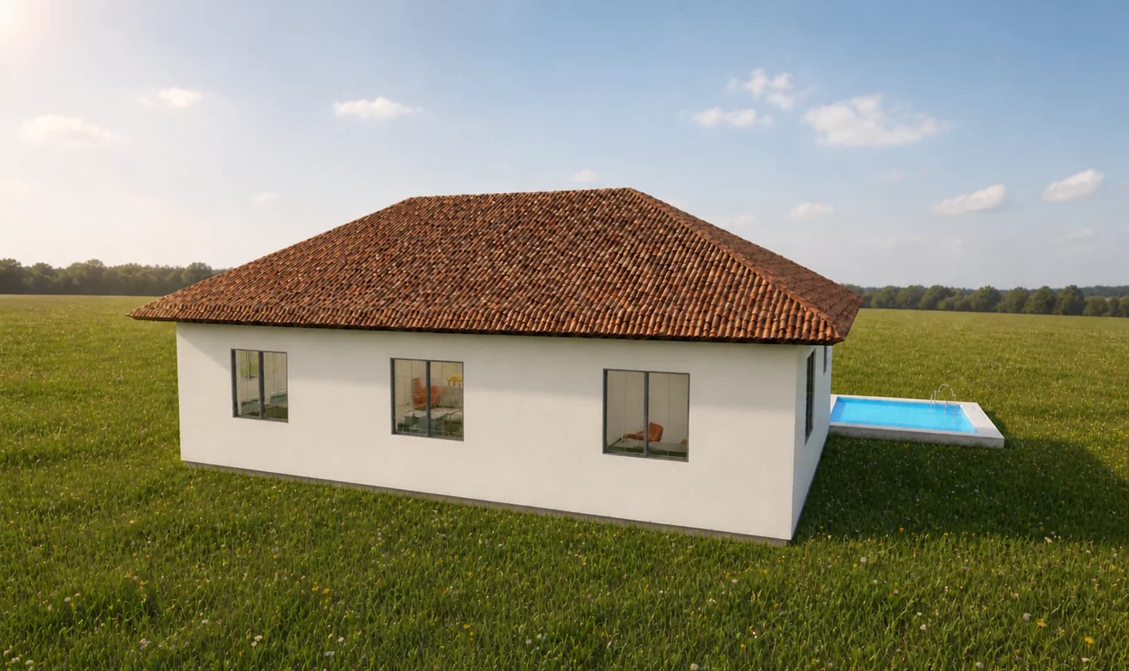Fotorealistyczna wizualizacja 3D domu parterowego z dachem wielospadowym i basenem, wygenerowana z projektu naszprojekt.com