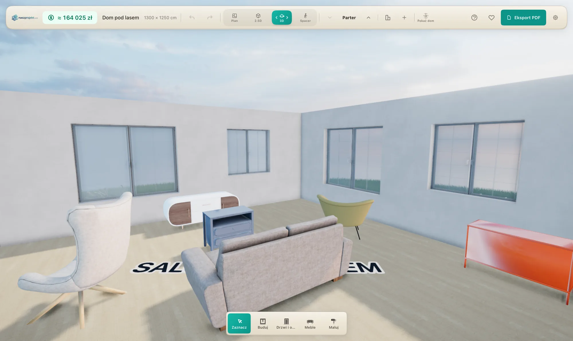 Blick aus dem Inneren eines Wohnzimmers mit Sofa und Sesseln im naszprojekt.com-Editor